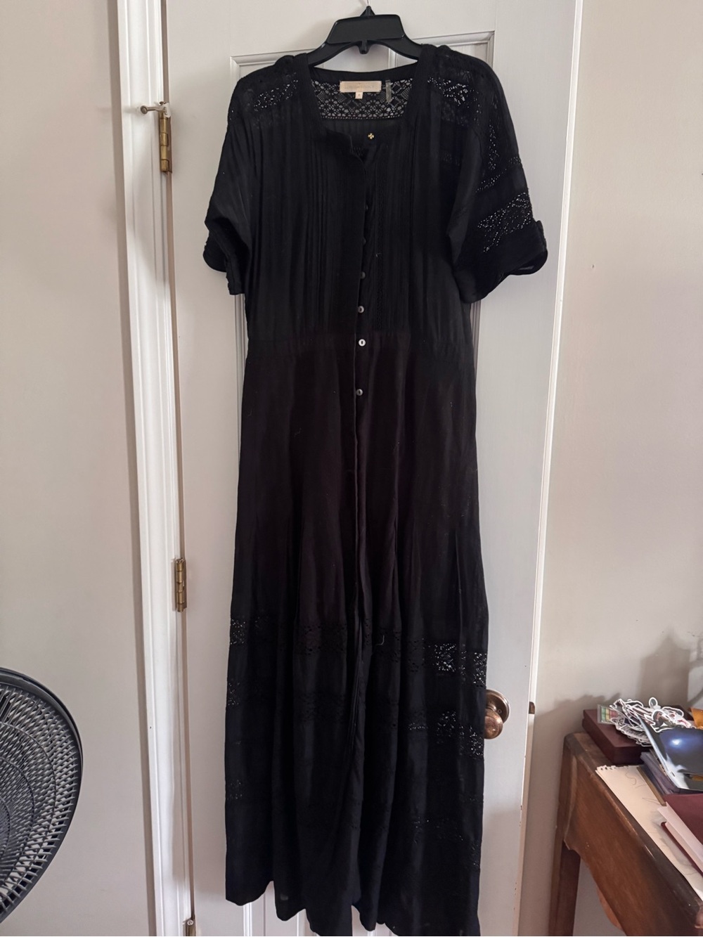 LoveShackFancy Black Button-Front Maxi Dress with Lace Panels